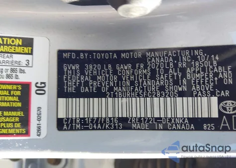 2015 Toyota Corolla Le Plus from USA, damaged, VIN 2T1BURHE5FC283205